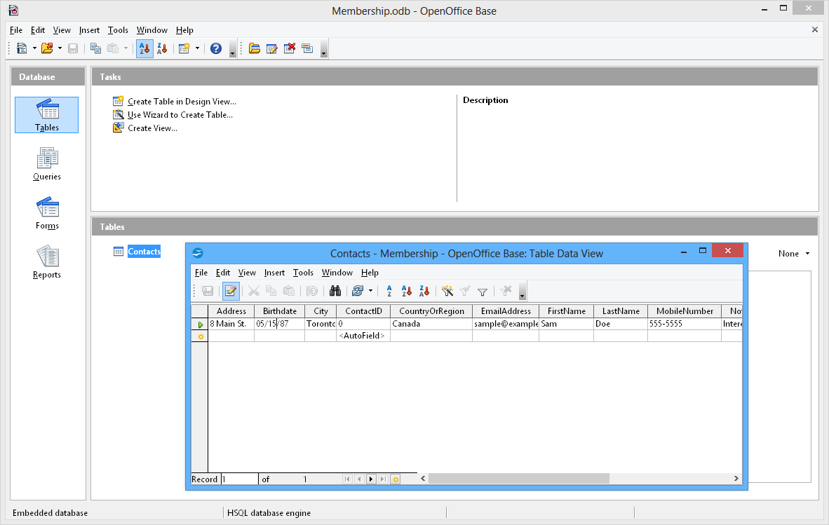 open access database in libreoffice base